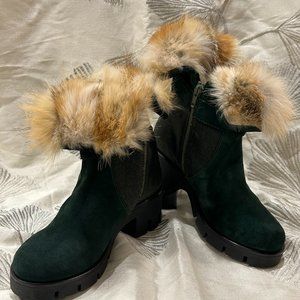 Mr. & Mrs. Italian Forest Green Suede Moto Boots with Fur Lining NWOT